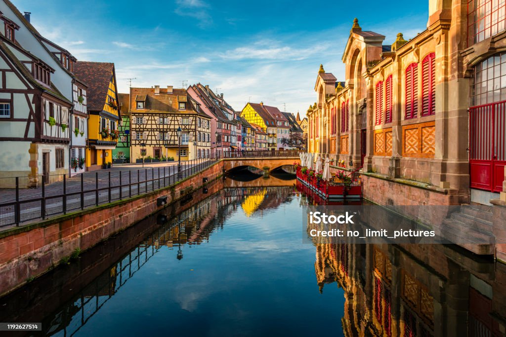 canal through Colmar in France Colmar is a very famous town with many half-timbered houses  in Alsace in France. Alsace Stock Photo