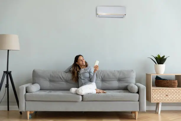 Photo of Woman holding remote control manages degrees enjoy air-conditioned flat