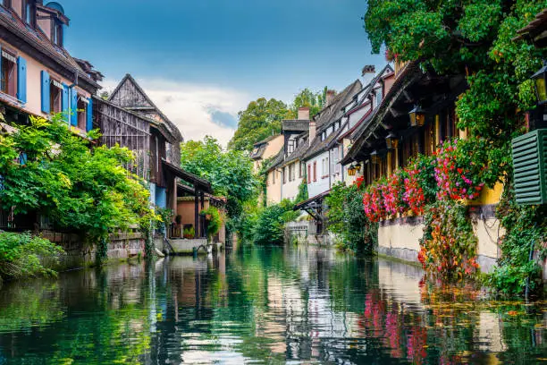 Colmar is a very famous town with many half-timbered houses  in Alsace in France.