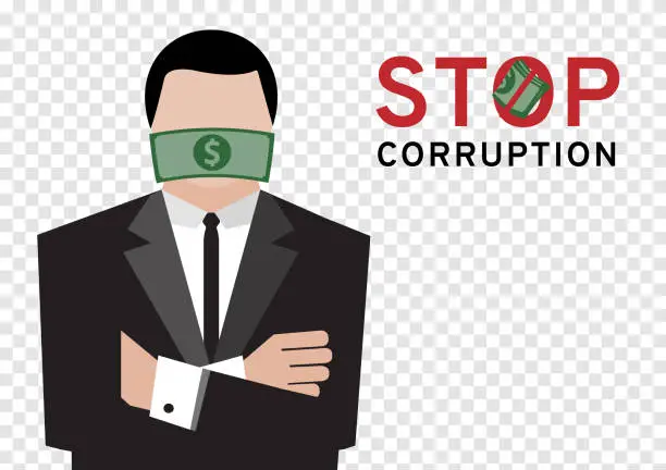 Vector illustration of a man in black suit with big money cash gag or bribe on transparency background represent to the stop corruption campaign by vector and illustration