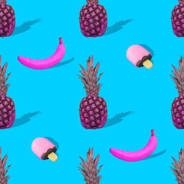 Seamless sunlight summer pattern made with various food and fruit on bright blue background with strong shadows