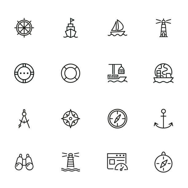 illustrations, cliparts, dessins animés et icônes de ensemble d'icône de ligne de port d'océan - lighthouse nautical vessel symbol harbor