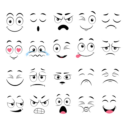 Cartoon Faces Expressive Eyes And Mouth Smiling Crying And Surprised ...