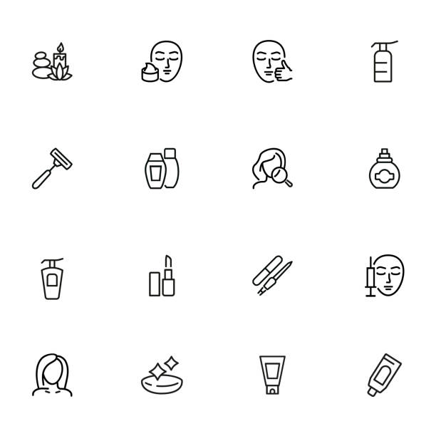 Skin care line icon set Skin care line icon set. Injection, lipstick, manicure. Beautician concept. Can be used for topics like beauty salon, makeup, cosmetology botox bottle stock illustrations