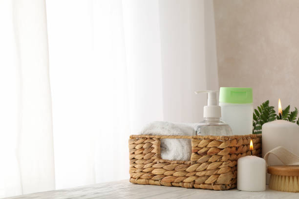 istock Composition with spa accessories on white background. Bodycare 1192640049
