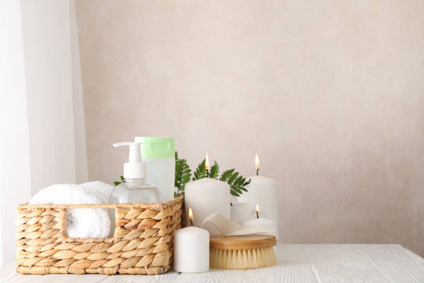 istock Composition with spa accessories on white background. Bodycare 1192640166