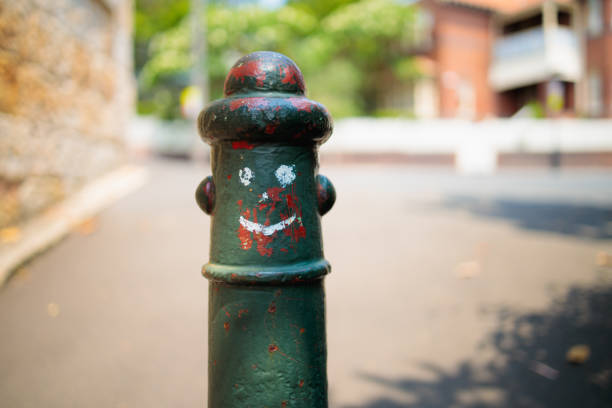 Old green bollard, for stopping cars entering the laneway, with a face painted onto it.
