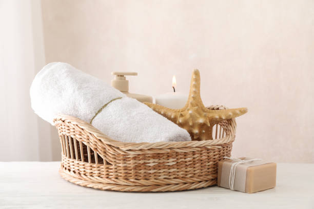 istock Composition with spa supplies on white wooden background, copy space 1192640229