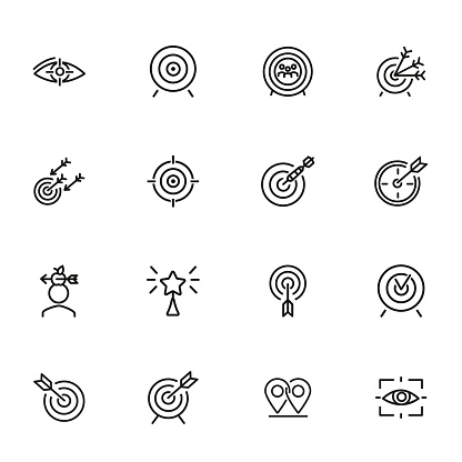 Targets line icon set. Accomplished goal, archery range, award winning. Goal concept. Can be used for topics like focus, goal achieving, darts
