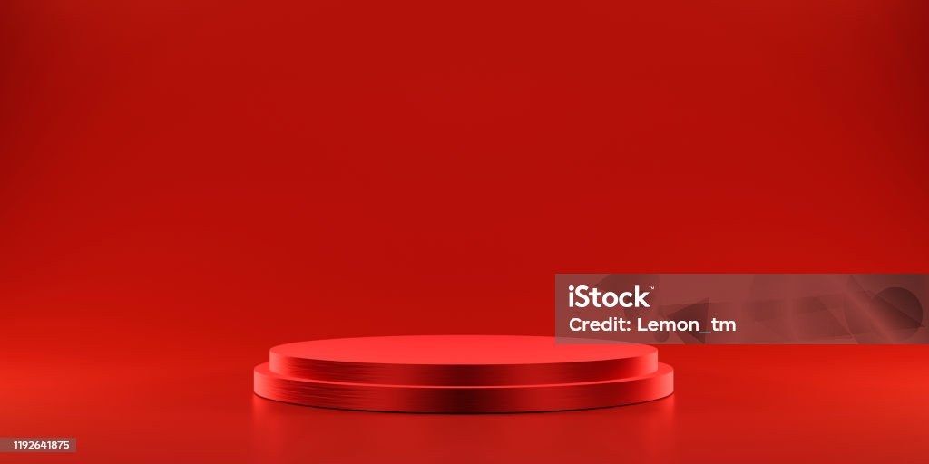 Pedestal of platform display with modern stand podium on red room background. Blank Exhibition stage backdrop or empty product shelf. 3D rendering. Red Stock Photo