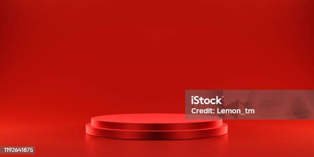 Pedestal Of Platform Display With Modern Stand Podium On Red Room Background Blank Exhibition Stage Backdrop Or Empty Product Shelf 3d Rendering Stock Photo - Download Image Now