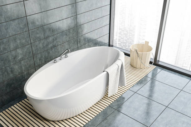 istock Top view of panoramic grey tile bathroom with tub 1192642028