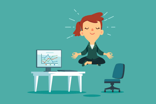 bizneswoman medytująca przy biurku - characters concentration relaxation happiness stock illustrations