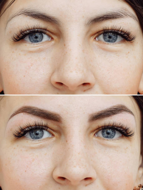Photo comparison before and after permanent makeup, tattooing of eyebrows Photo comparison before and after permanent makeup, tattooing of eyebrows for woman in beauty salon permanent makeup before and after stock pictures, royalty-free photos & images
