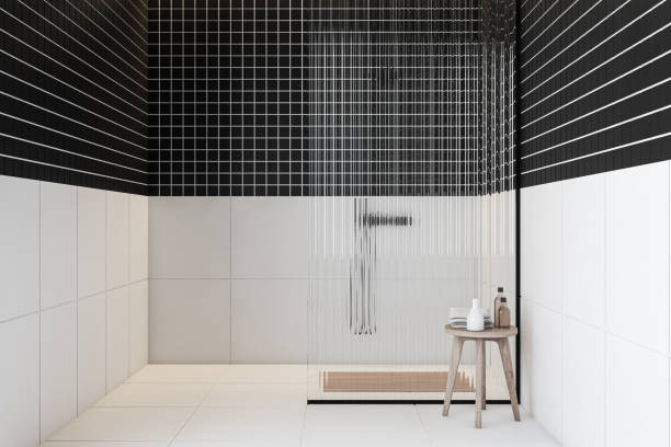 istock Black and white tiled shower in bathroom 1192643256