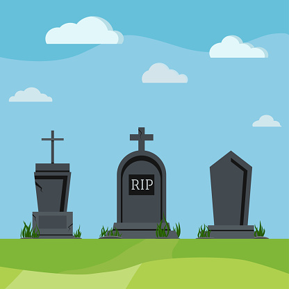 Grey RIP grave tombstones on summer nature scenic background. Different old tomb gravestone with crack cemetery day scene. Vector flat design cartoon style scenery illustration.