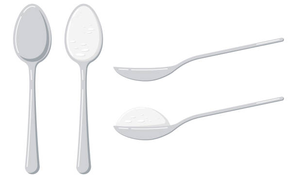 Salt in spoon vector illustration top and front view. Salt in spoon vector illustration. Flat design cartoon style spoon with sugar, salt, flour or other cooking ingredient. Top and front view. Teaspoon side view powder for tea, coffee. Baking Ingredient spoon stock illustrations