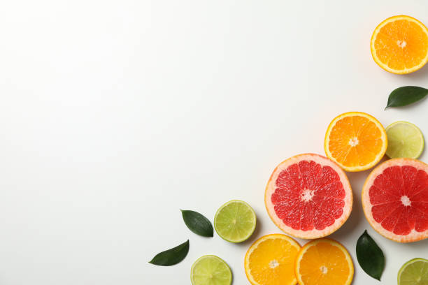 istock Flat lay with exotic fruits on white background, space for text 1192643452
