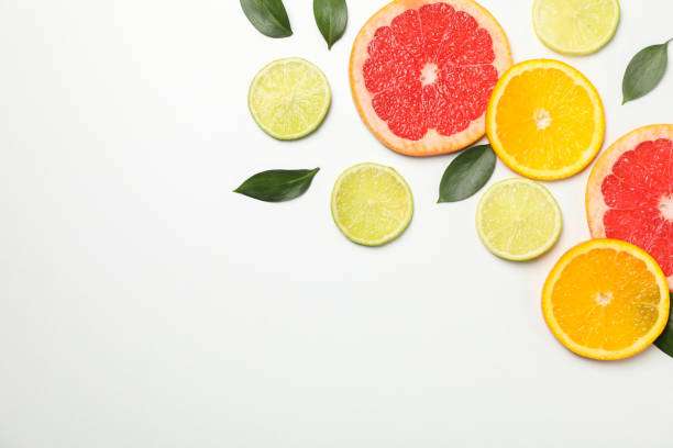 istock Flat lay with exotic fruits on white background, space for text 1192644600