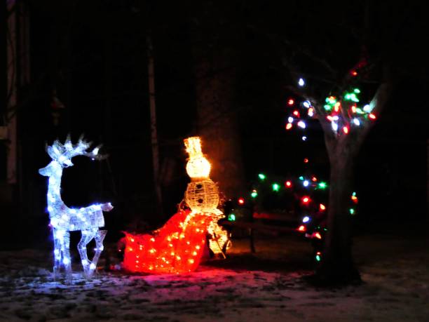 istock Traditional Old Styled Christmas Light Display With Reindeer, Snowman and Tree Lights 1192646607