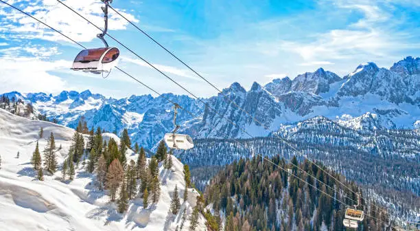 Winter landscape in Dolomites at Cortina D'Ampezzo ski resort, Italy, Monte Castello area, chair lift installation