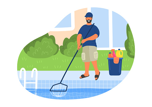 Pool maintenance. Swimming pool cleaner with house or hotel building behind him
