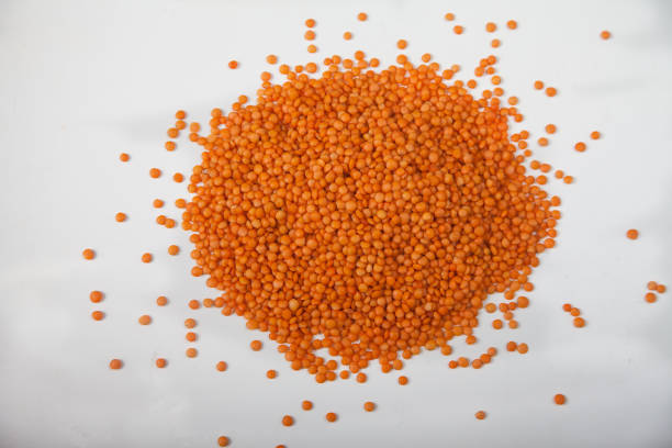 A slide of red raw lentils sprinkled on a white background