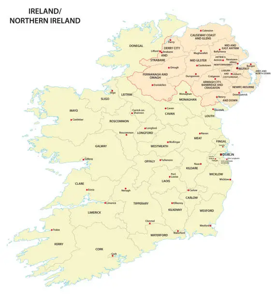Vector illustration of administrative map of Ireland and Northern Ireland