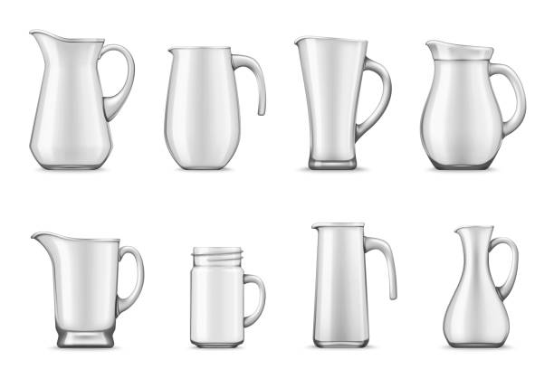 ilustrações, clipart, desenhos animados e ícones de jarro branco ou jarro, caneca do frasco ou copo, utensílios de mesa 3d - juice carafe glass decanter