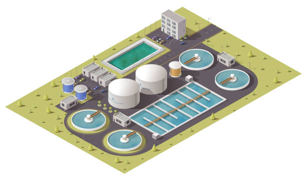 ilustrações, clipart, desenhos animados e ícones de ícone isométrico da estação de tratamento de águas residuais - águas residuais