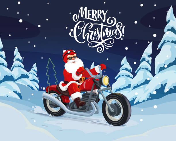 stockillustraties, clipart, cartoons en iconen met kerstman rijden motorfiets om kerstcadeaus te leveren - pakjesavond