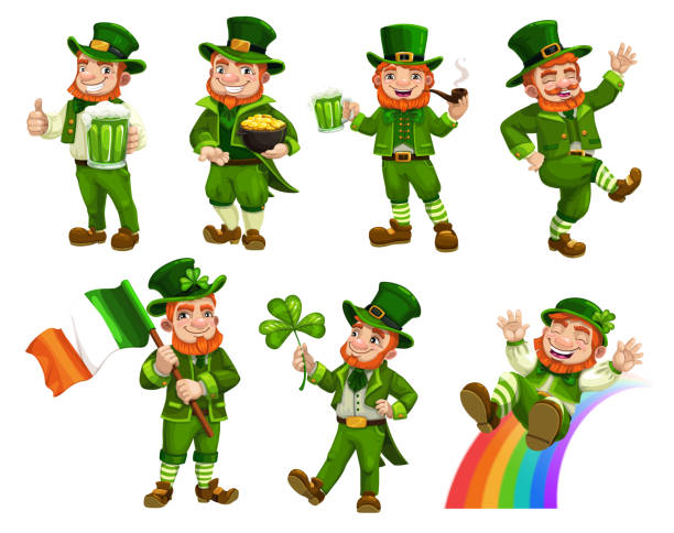 illustrazioni stock, clip art, cartoni animati e icone di tendenza di patricks day folletti con birra, bandiera, trifoglio - leprechaun st patricks day cartoon luck