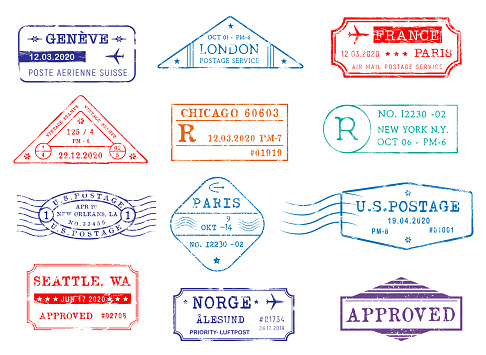 Airmail postage stamps with city and dates, vector icons. Post office delivery and customs approval stamps of London in Britain, Seattle and New York in USA, Paris France and Geneva in Switzerland