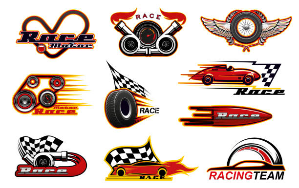 Sport racing, motor races icons Car races, motor street racing engine and wheel fire flame icons. Vector racing team club symbols, sportcar bolid burning flame and speedometer, rally drift drag races championship pitstop stock illustrations