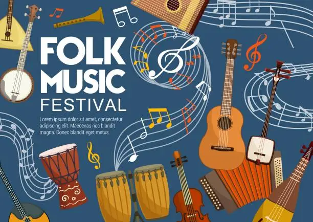 Vector illustration of Folk music festival, musical notes and instruments