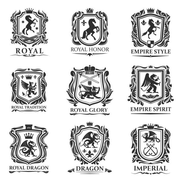 Royal heraldry shields, heraldic animal creatures Heraldic animals, royal heraldry shields with dragons and Medieval creatures. Vector Pegasus horse and lion, imperial crown and heraldic fleur de lis coat of arms and emblems, gryphon or griffin eagle animals crest stock illustrations