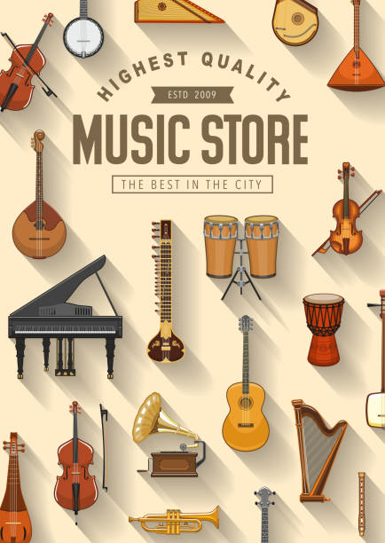 illustrazioni stock, clip art, cartoni animati e icone di tendenza di negozio di strumenti folk, jazz e musica classica - glass tube