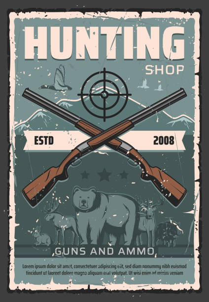 ilustrações de stock, clip art, desenhos animados e ícones de hunter gun and ammo shop, hunting club - rifle hunting shotgun gun