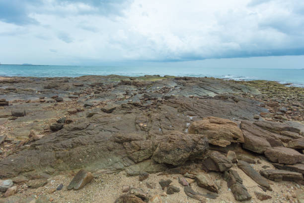 The sea tide on the coastline. Rocky shore at low tide