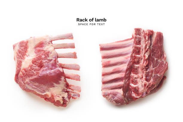 白い背景に隔離された子羊のラック - rack of lamb chop cutlet food ストックフォトと画像