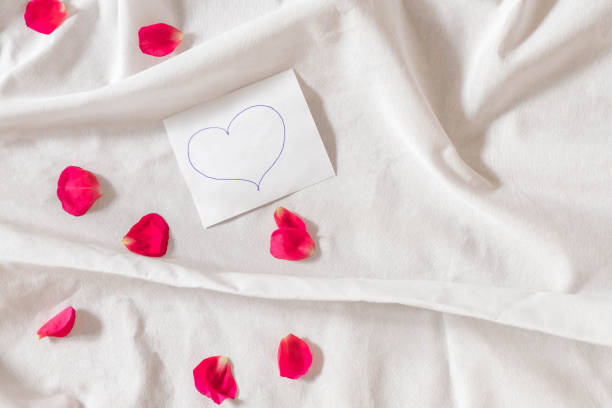 istock Love note with hand drawn heart on white bed sheets with pink rose petals 1192651449