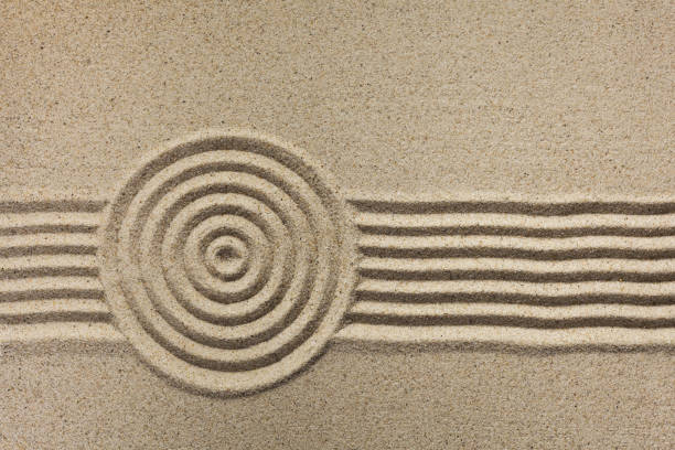 istock Simple spiritual patterns in a Japanese Zen Garden with concentric circles and parallel lines raked in sand 1192652620