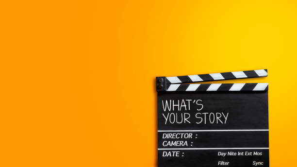 What's your story.world title on film slate concept idea on film slate for movie maker soundtrack stock pictures, royalty-free photos & images