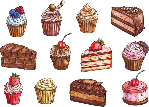 ilustraciones, imágenes clip art, dibujos animados e iconos de stock de postres y pasteles dulces esbozan iconos vectoriales - muffin blueberry muffin cake pastry