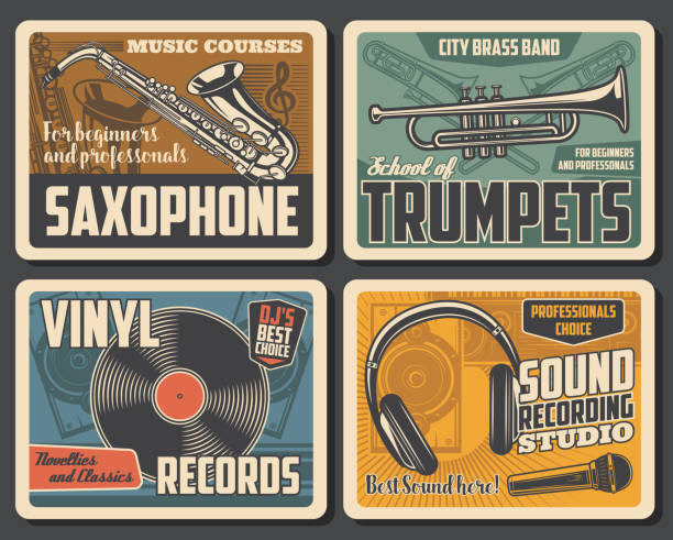 trąbki, płyty winylowe retro, mikrofon i saksofon - brass instrument stock illustrations