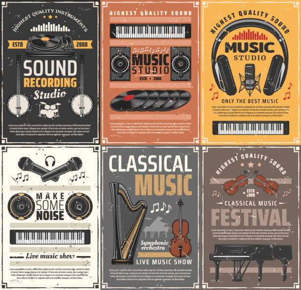 illustrations, cliparts, dessins animés et icônes de studio de musique rétro, instruments de musique, studio - blues harp