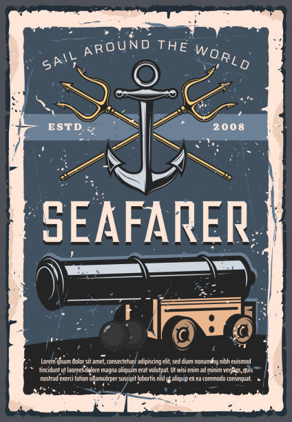 Marine cannon, crossed tridents seafarer artillery Seafarer artillery, marine cannon, retro anchor and crossed tridents. Vector sails around the world, nautical gun with bullets. Vintage navy, armed forces fleet, seafaring and shooting firearms antique pitchfork stock illustrations
