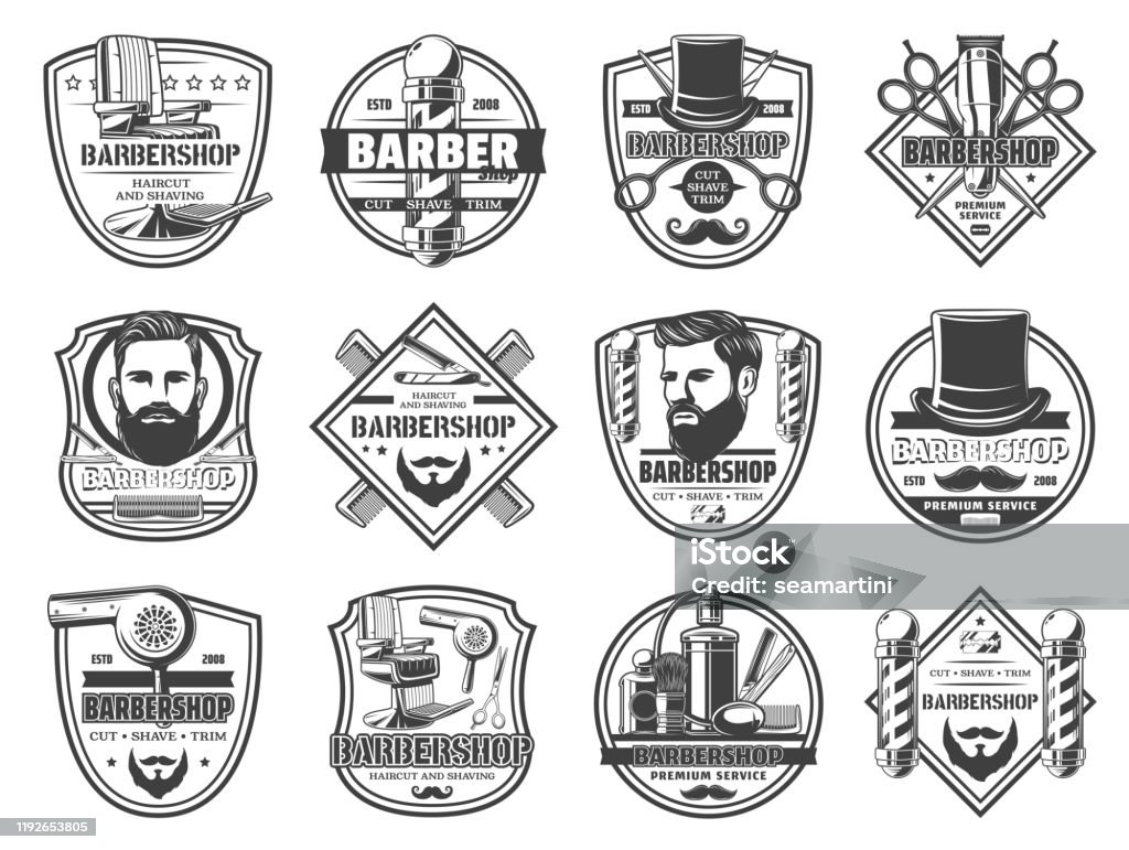 Afeitamiento, corte y recorte, iconos de peluquería - arte vectorial de Adulto libre de derechos