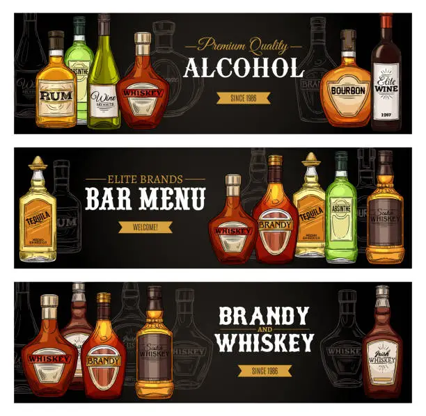 Vector illustration of Alcohol drinks bottles, bar menu banners