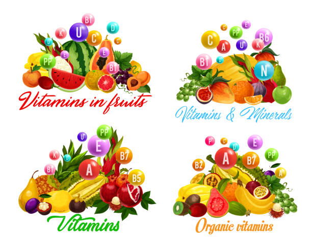 illustrazioni stock, clip art, cartoni animati e icone di tendenza di vitamine e minerali in frutta, bacche - vitamin pill orange farm mandarin orange
